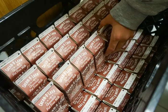 A tray of chocolate milk school cartons